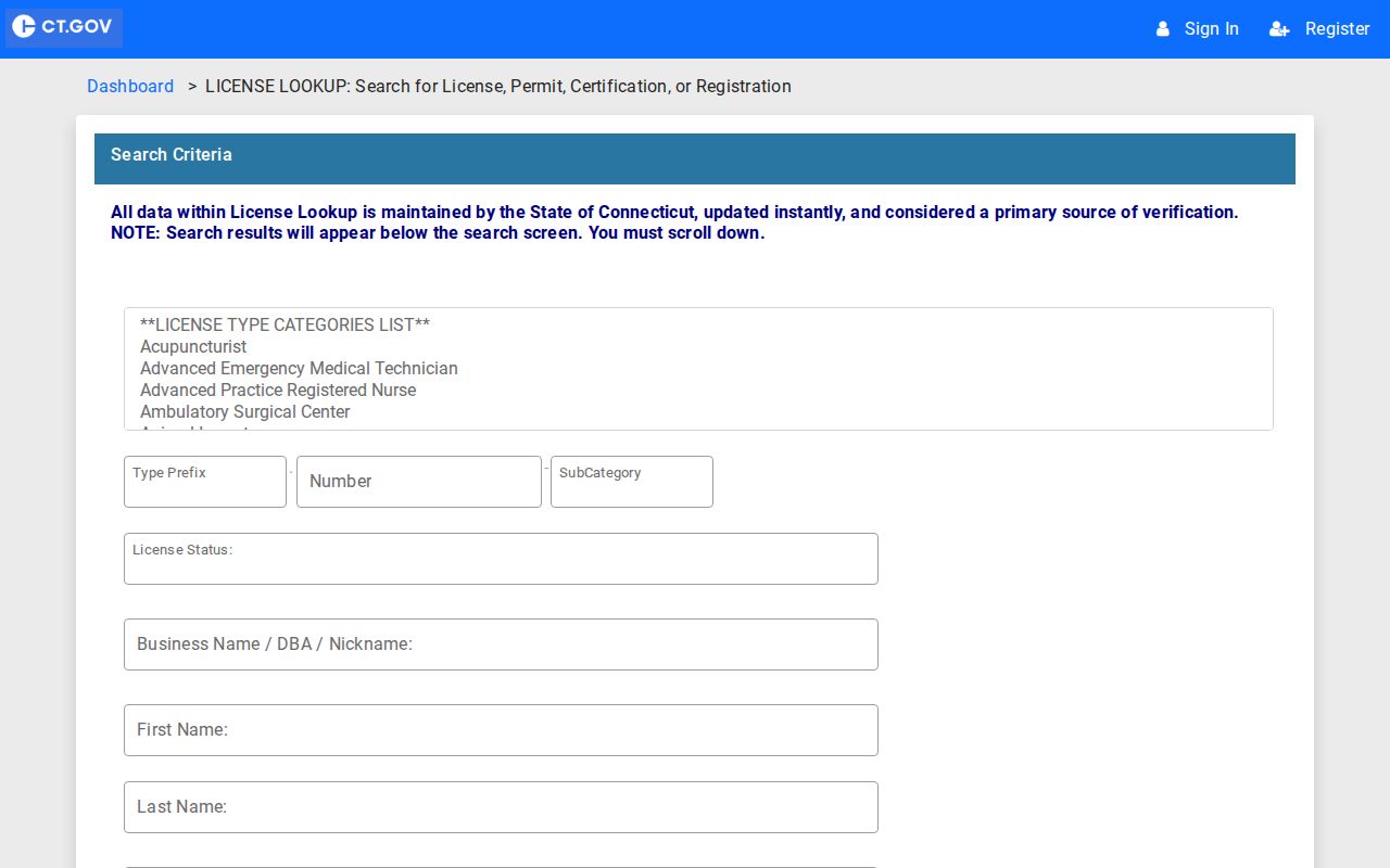Norwich resident lookup verification through Connecticut eLicense credential search