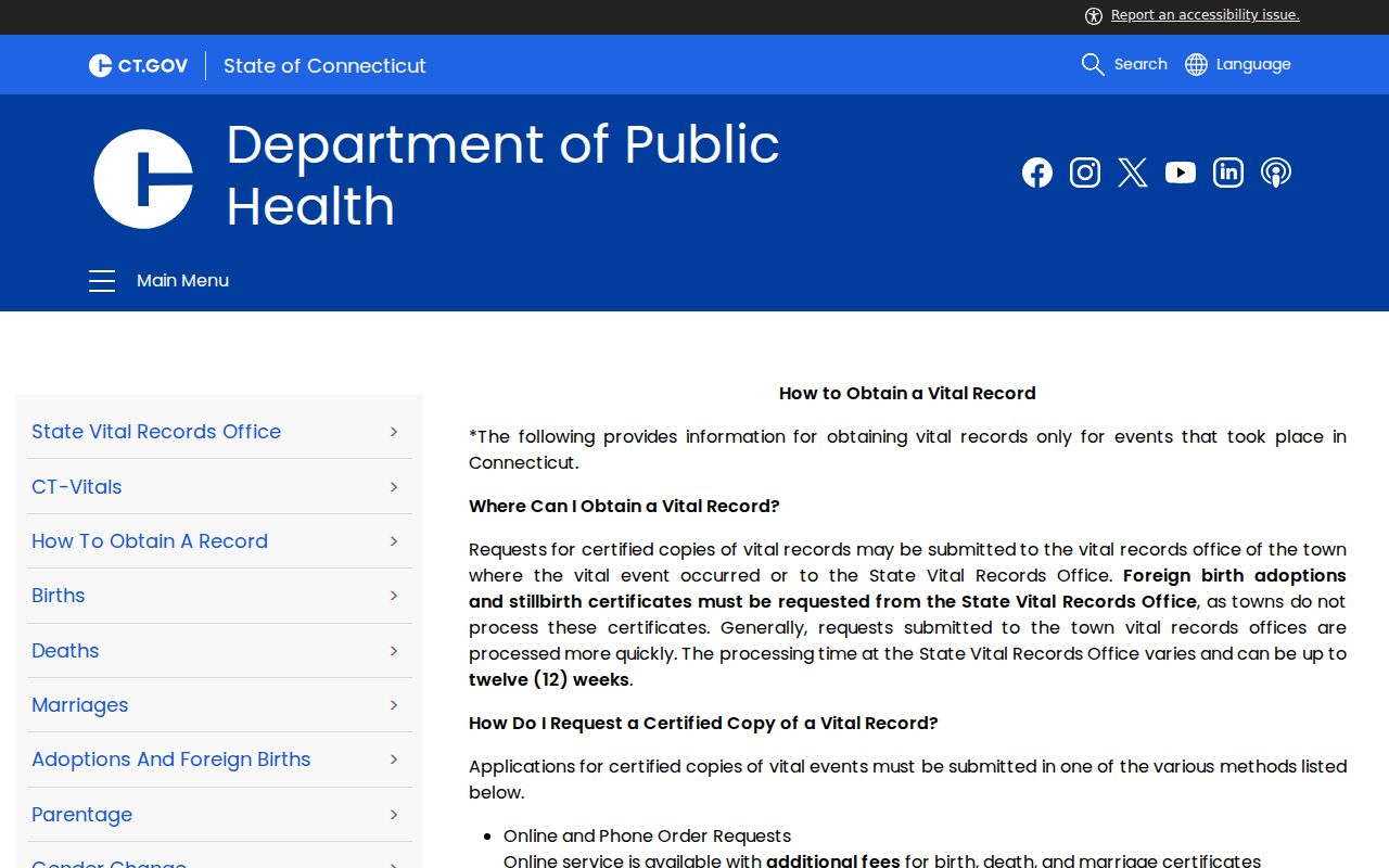Norwich resident lookup Connecticut DPH vital record request