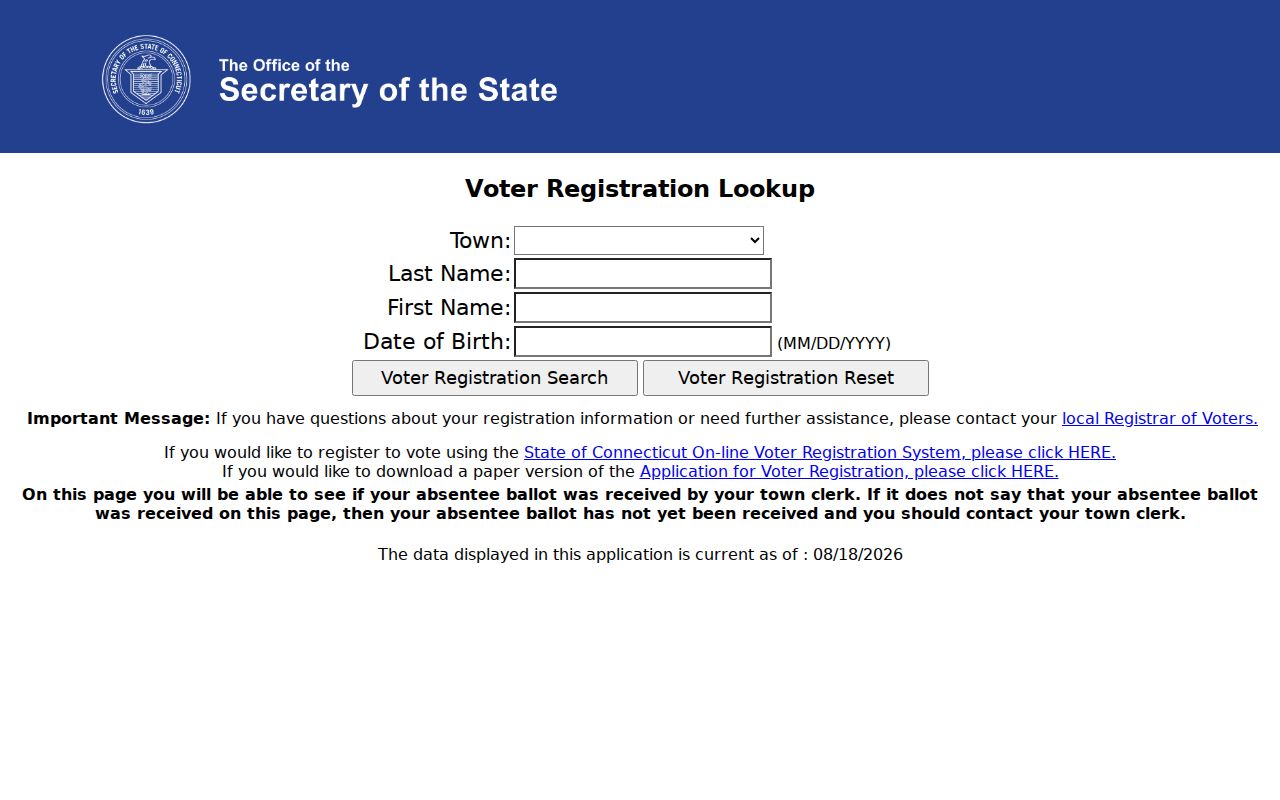 Norwich resident lookup voter registration search with Connecticut SOTS