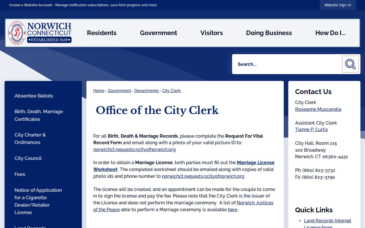 Norwich residents directory City Clerk records office